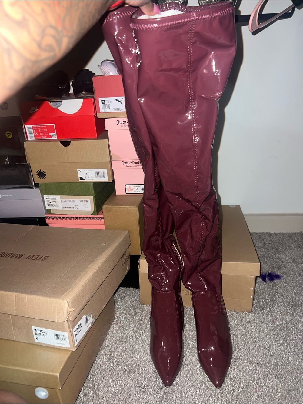 Steve Madden Burgundy Patent Over-the-Knee Pointed-Toe Boots